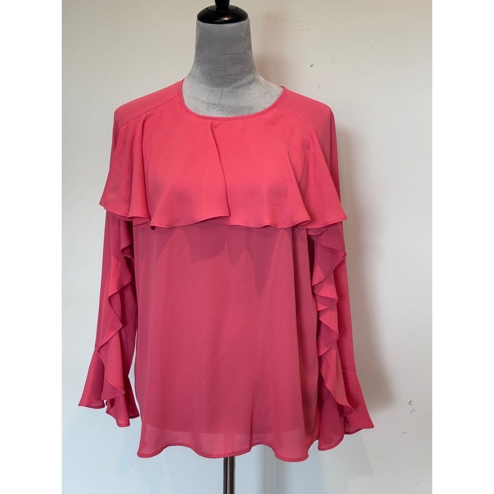 Ann Taylor Factory Pink Ruffle Front Long Sleeve Blouse Keyhole Back Size M